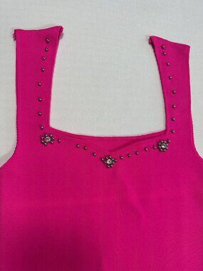 Hot Pink Tricot Knit Tank Top Small / Medium Fuchsia Rhinestone Stud Cami